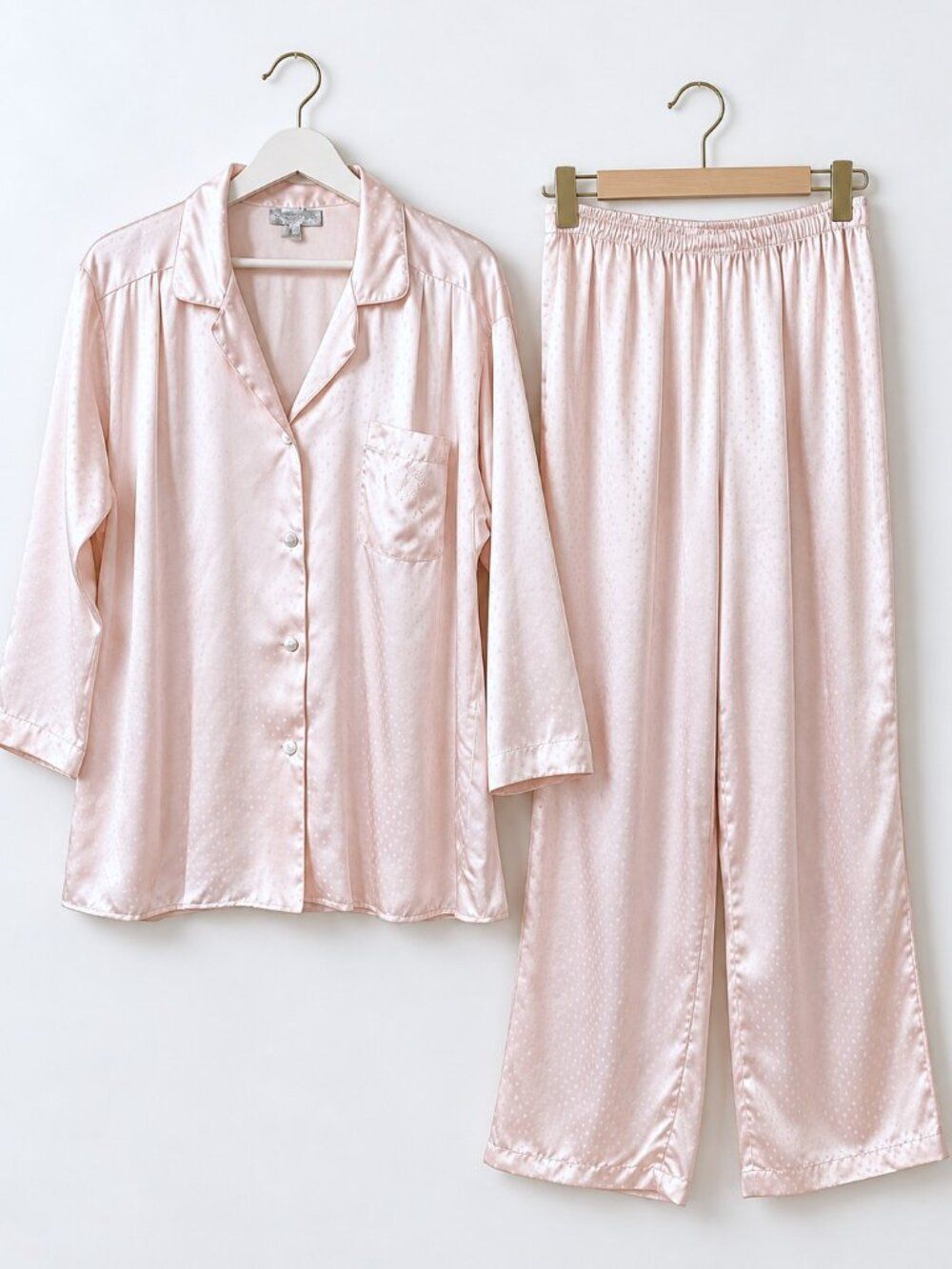 Vintage Christian Dior Women's S Blush Pink Satin Pajama Set Loungewear Retro